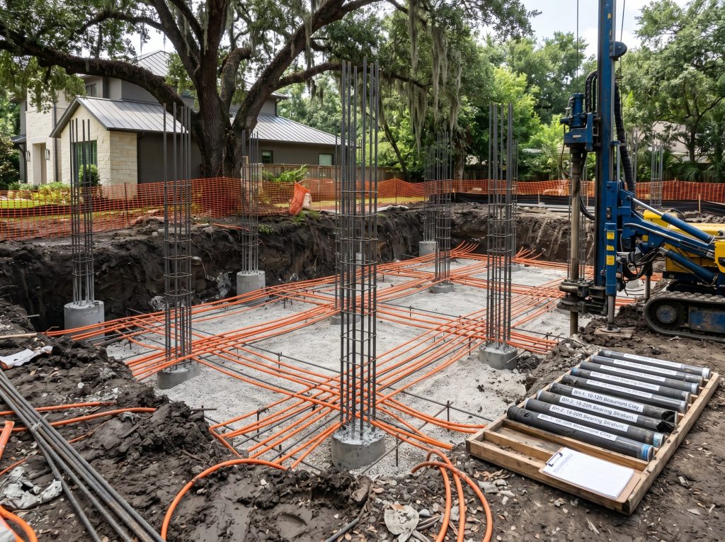 Memorial Houston custom home foundation excavation showing drilled pier rebar cages and post-tension cable grid on Beaumont Clay with geotechnical boring rig