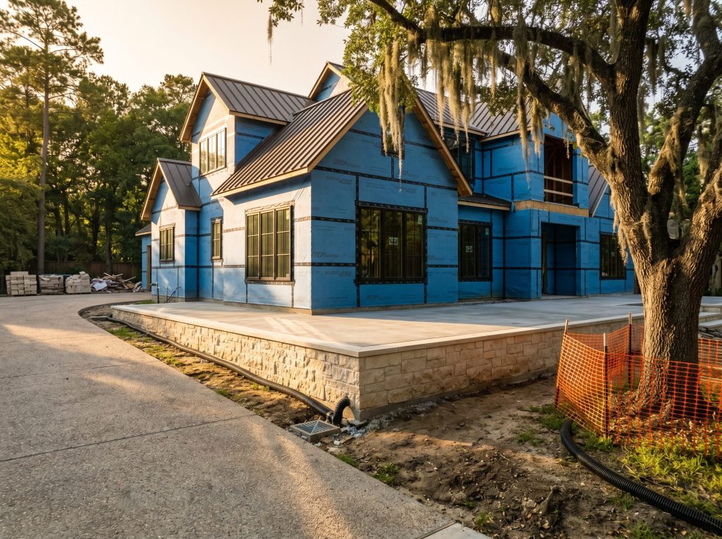 Completed post-tensioned slab edge and Austin limestone foundation wall at the dry-in stage of a Memorial Villages custom home with mature live oak tree protection