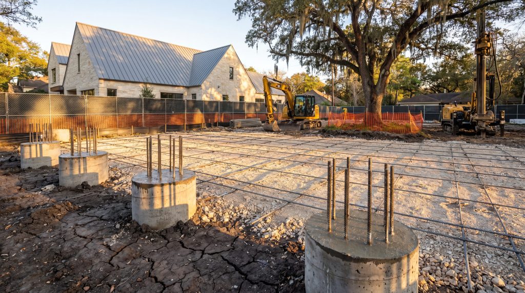 Drilled pier and post-tensioned slab foundation under construction on a Memorial Houston custom home lot, mature live oak with tree protection fencing and Austin limestone neighboring home