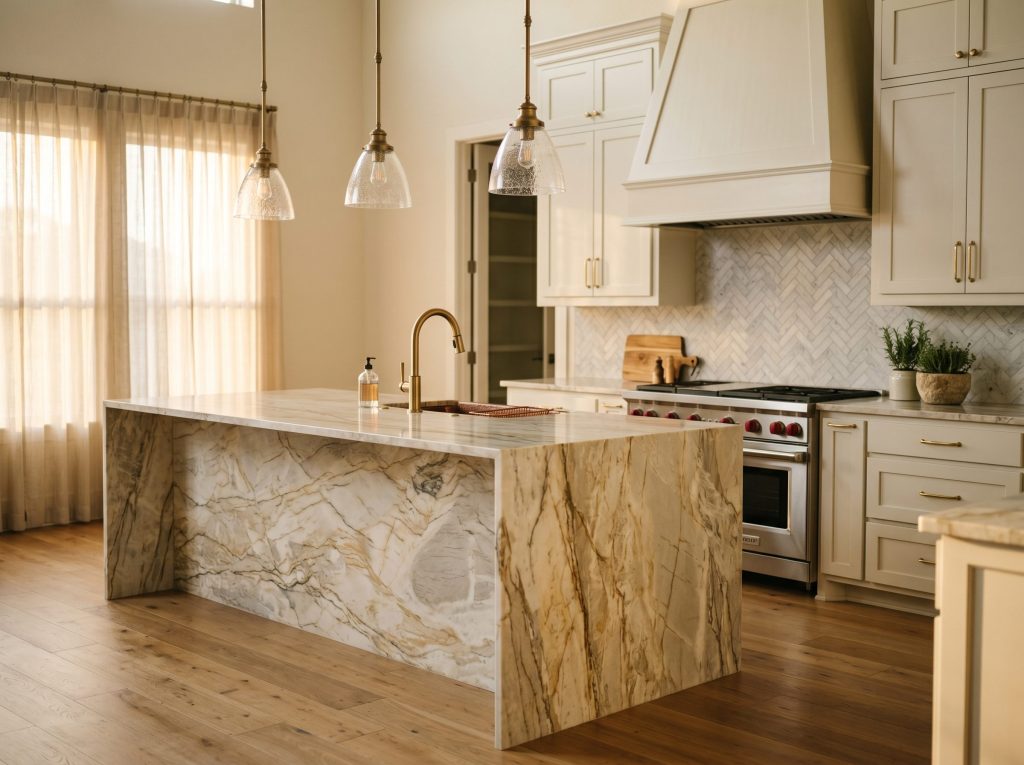 Completed luxury kitchen detail in Tomball featuring quartzite waterfall island with gold veining, pendant lighting, and custom cabinetry