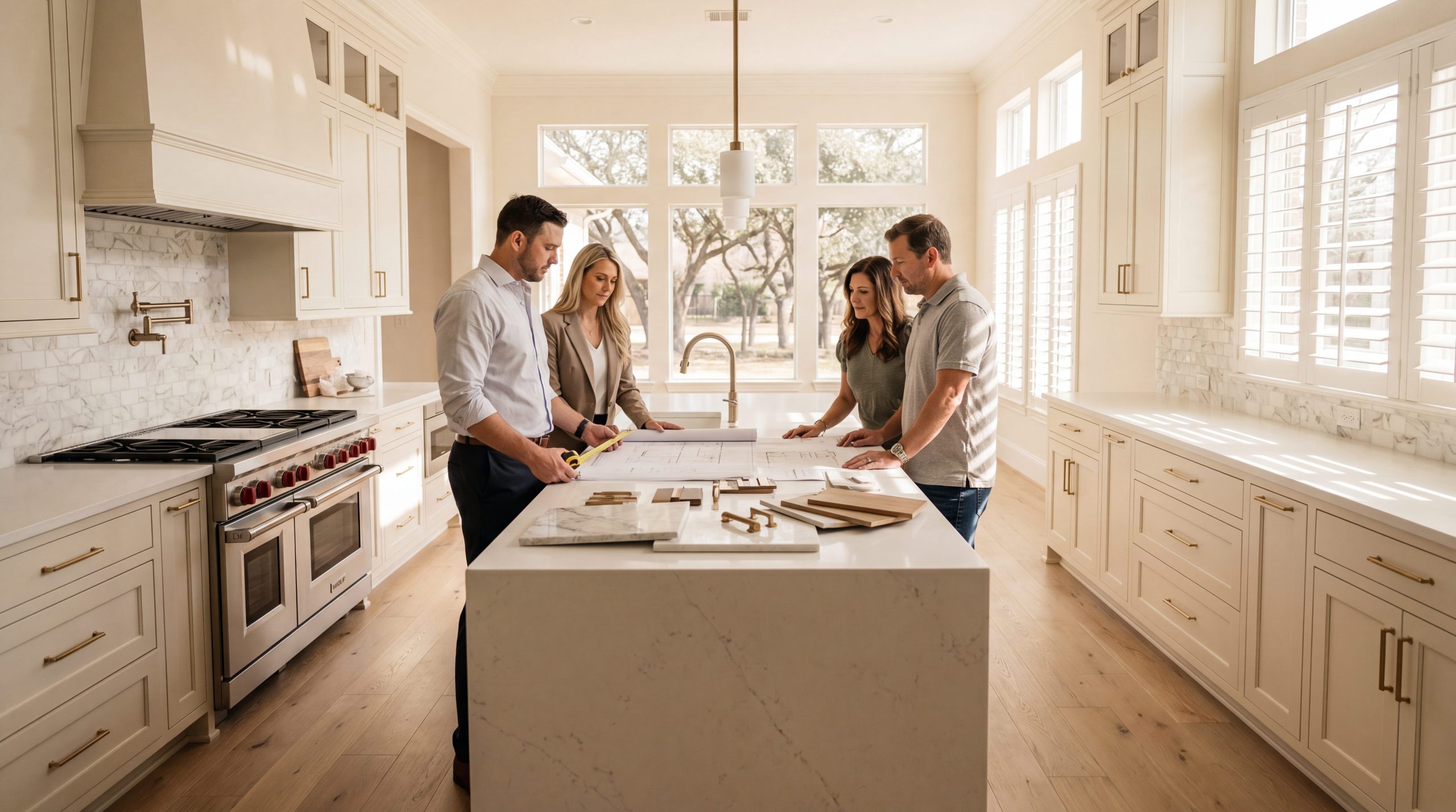 Kitchen remodeling consultation at a luxury Tomball home with professionals reviewing blueprints at a quartz waterfall island