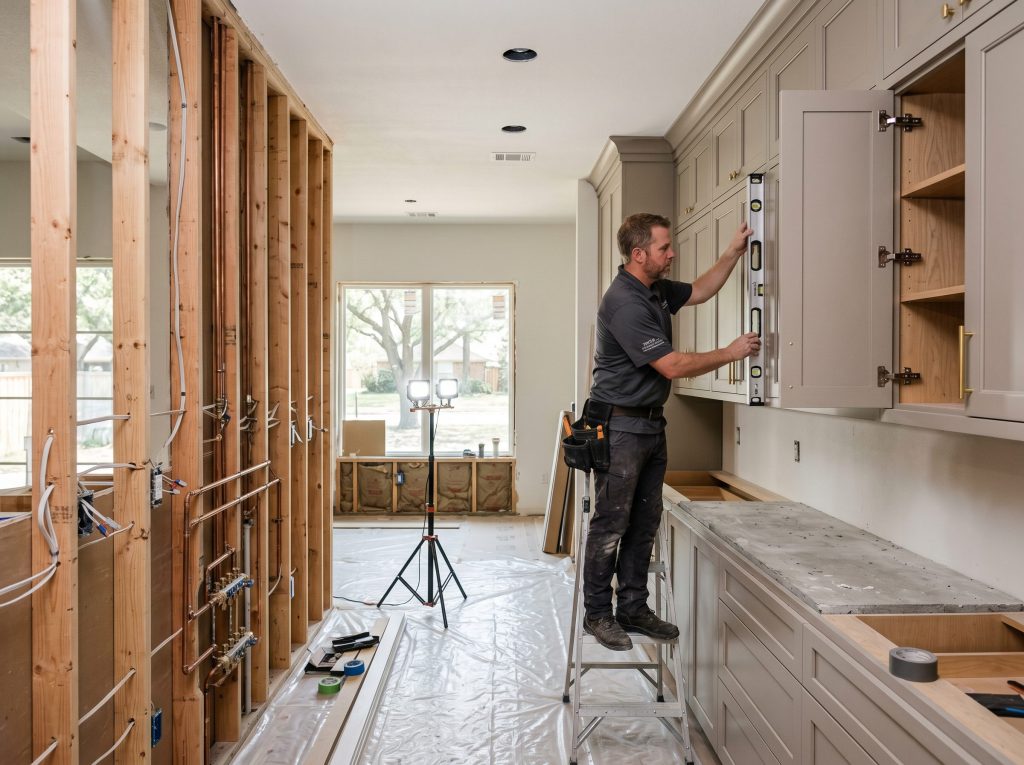 Mid-renovation kitchen in Tomball showing exposed framing alongside newly installed custom cabinetry demonstrating expert craftsmanship