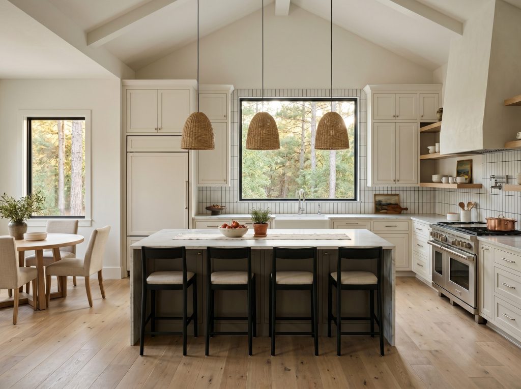 Kitchen design layout diagram and work-triangle planning for a Tomball kitchen with island and perimeter cabinetry