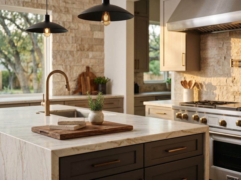 Ranked kitchen material samples including quartzite, quartz, and white oak laid out for a Tomball kitchen design