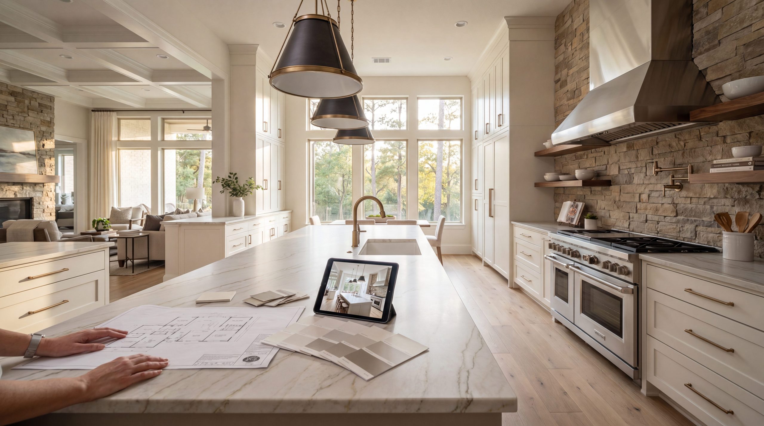 Workflow-engineered kitchen design in a Tomball home with Calacatta-look island, custom cabinetry, and layered lighting by Keechi Creek Builders