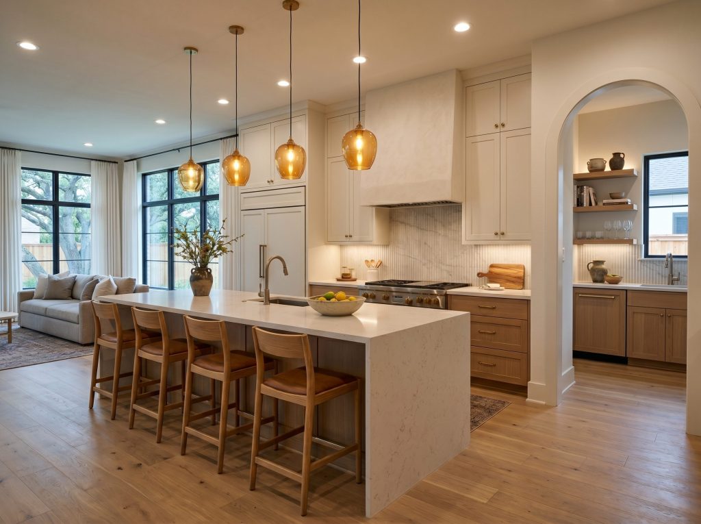 A 2026 open-concept Cypress kitchen with a 12-foot island and butler's scullery in a Bridgeland custom home