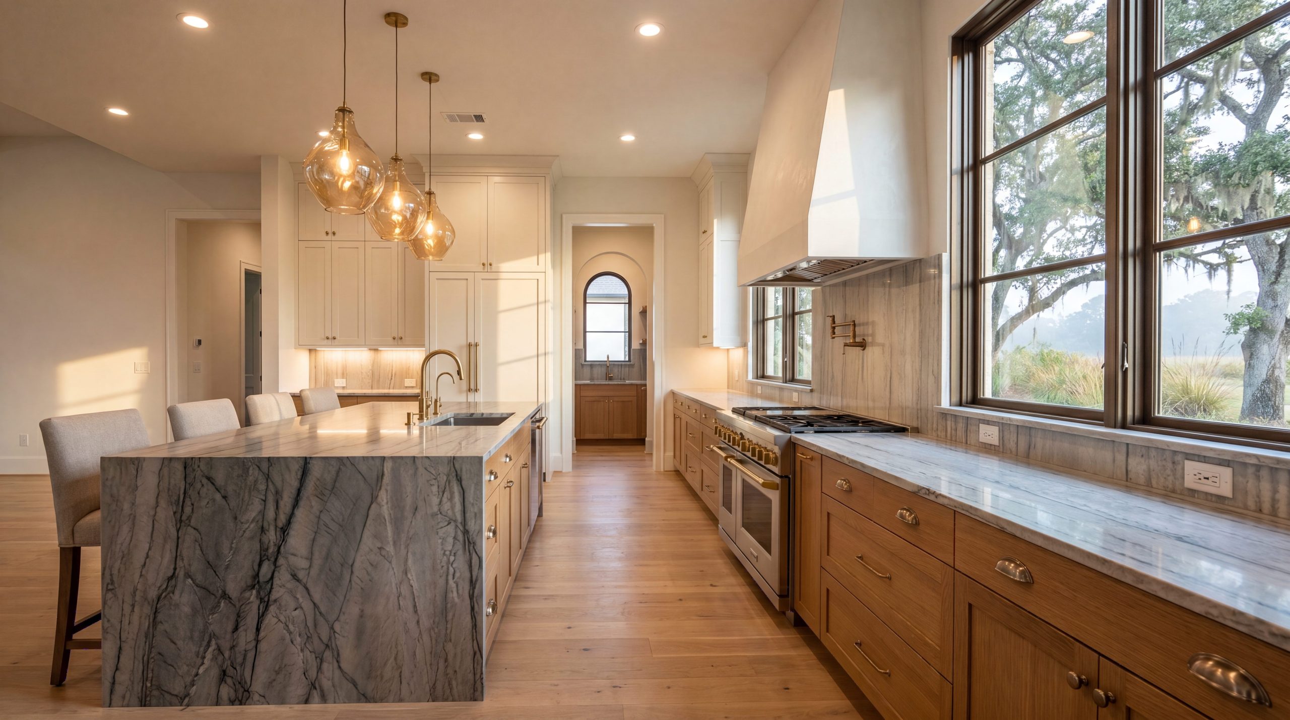 A 2026 Cypress, TX transitional luxury kitchen in Bridgeland with a quartzite waterfall island and two-tone cabinetry