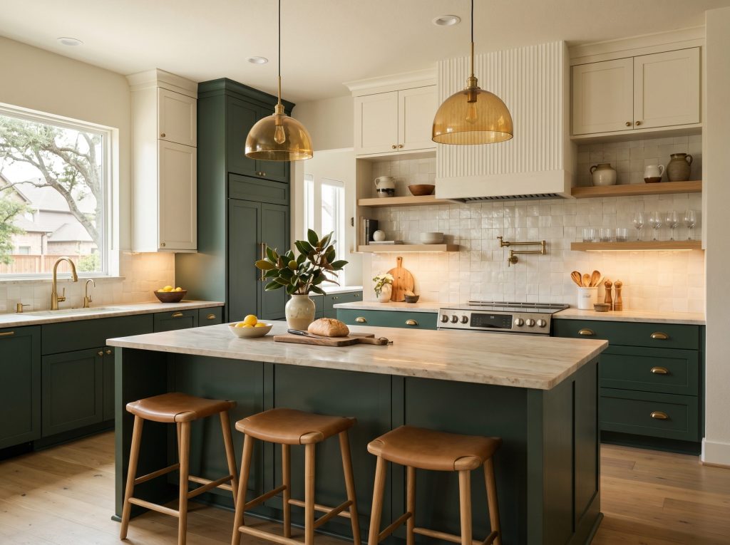 A 2026 warm-modern Cypress kitchen with forest-green base cabinets, ivory uppers, and a fluted plaster hood in Towne Lake