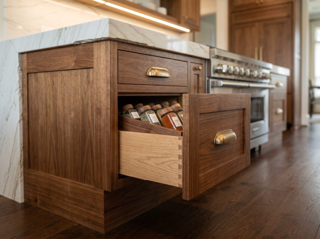 Custom walnut cabinetry detail with a mitered quartzite waterfall edge in a Cypress, TX kitchen remodel