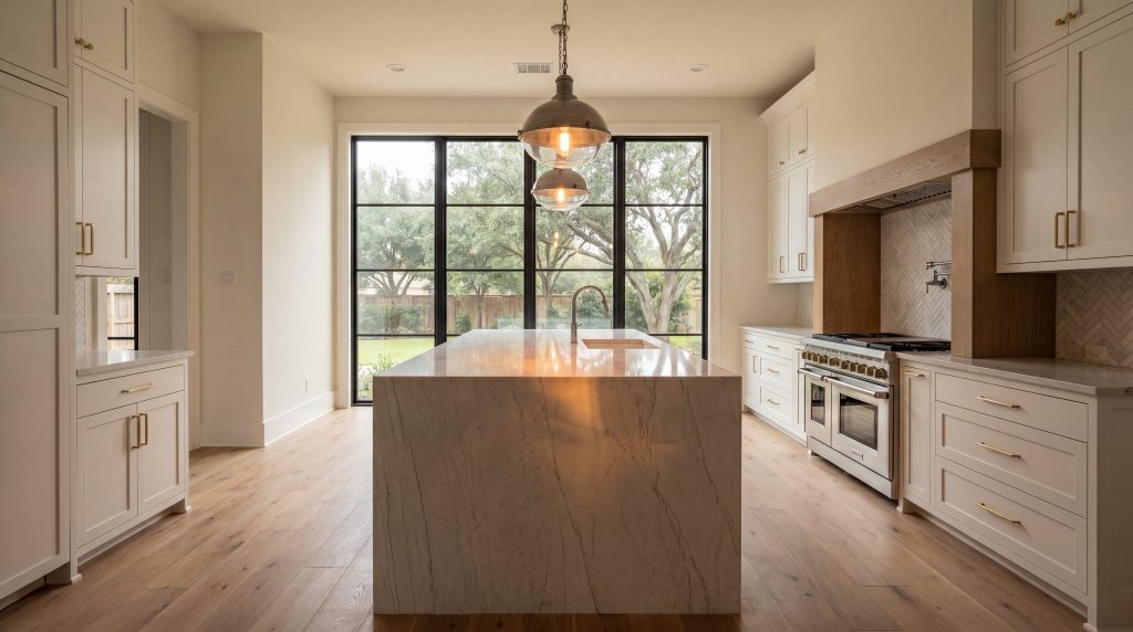 A 2026 Cypress, TX luxury kitchen remodel in Bridgeland with a quartzite waterfall island and semi-custom shaker cabinetry