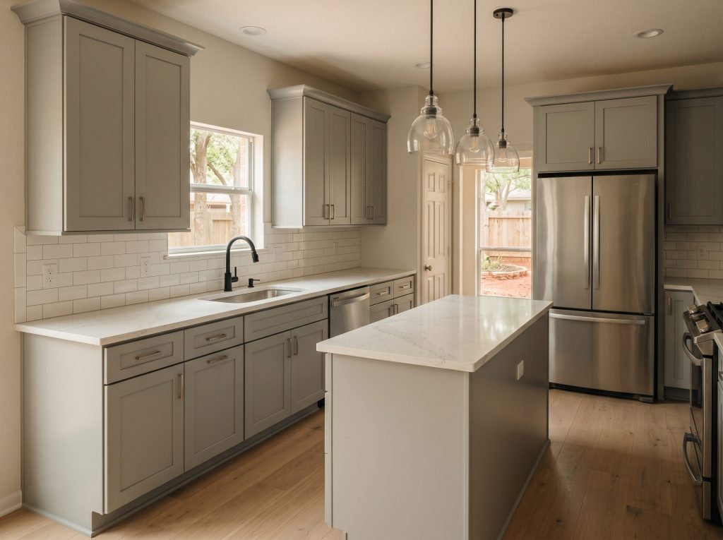 A mid-range Cypress kitchen remodel in Coles Crossing with semi-custom shaker cabinetry and quartz counters