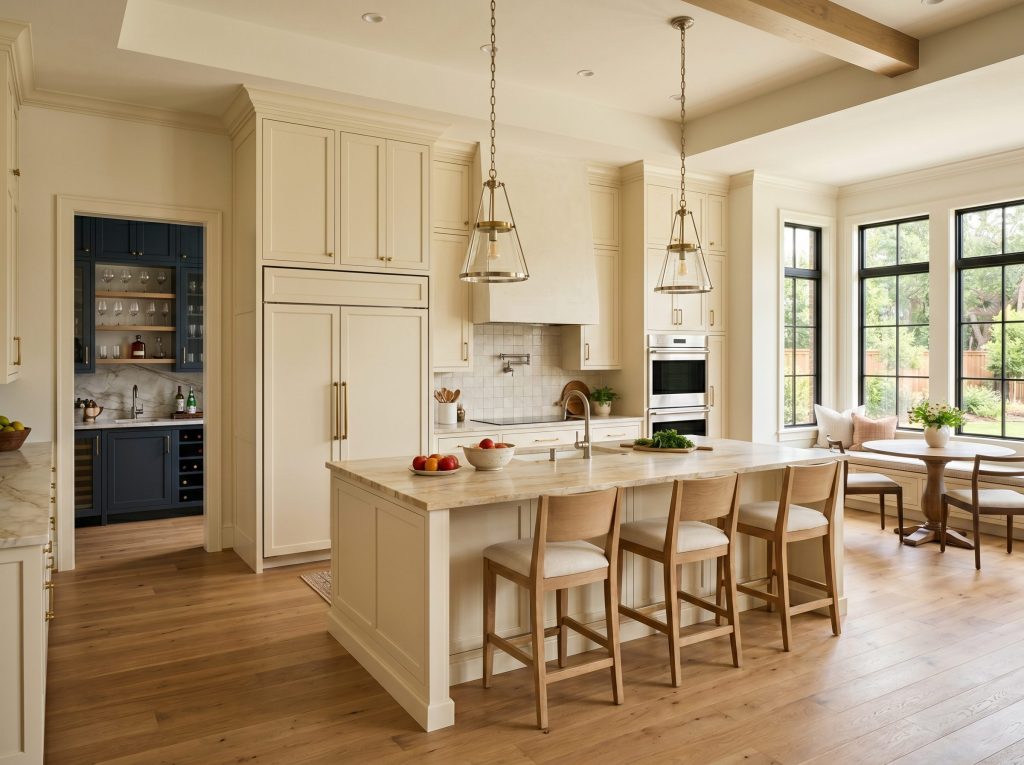 An open-concept chef's kitchen with a butler pantry and professional-grade appliances in a Cypress Bridgeland home