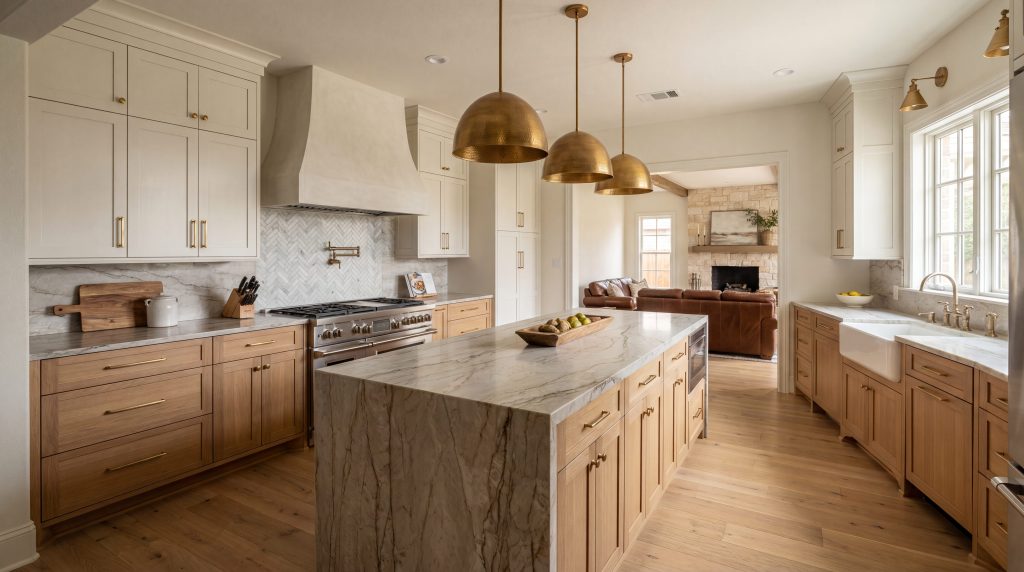 A renovated Cypress kitchen with a quartzite waterfall island, custom cabinetry, and statement pendant lighting