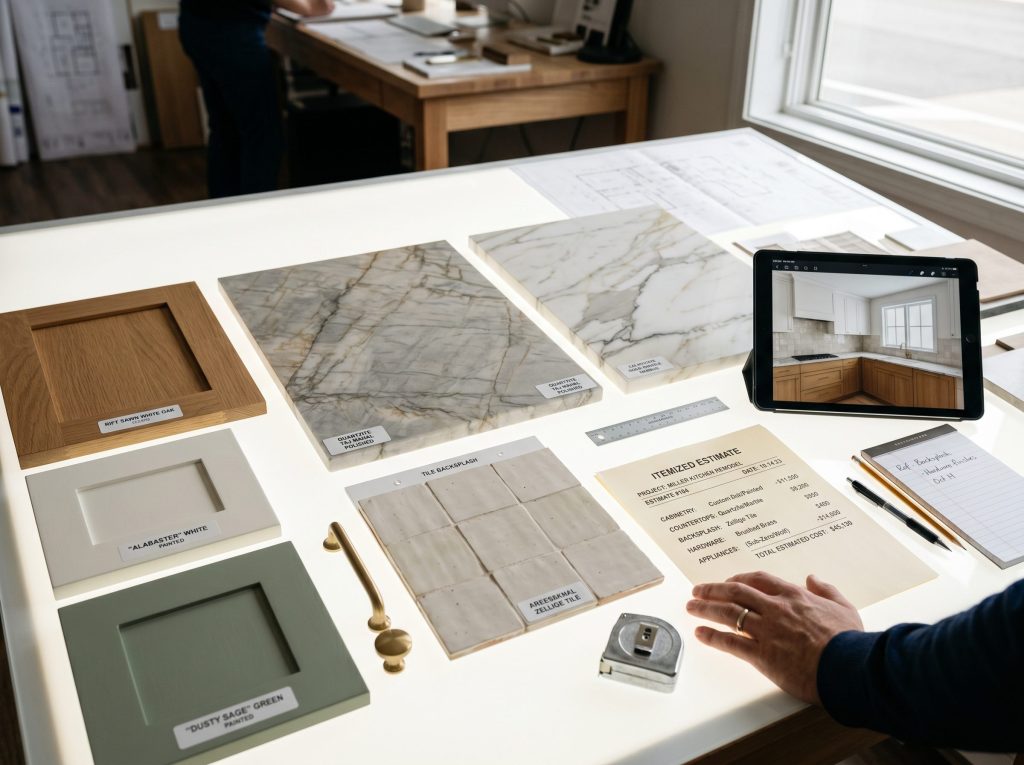 Countertop and cabinetry selections with an itemized estimate showing where a Cypress kitchen budget takes shape