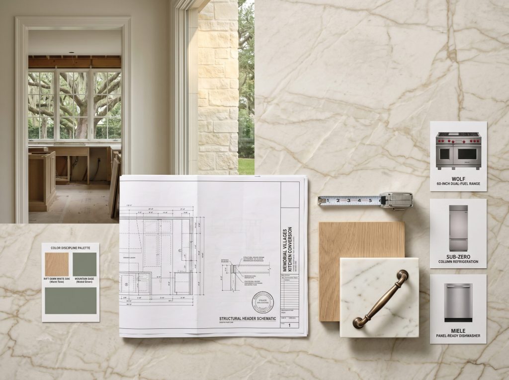 Memorial Houston luxury kitchen renovation budget breakdown with architectural plans structural header schematic countertop samples and Sub-Zero Wolf Miele appliance specification cards