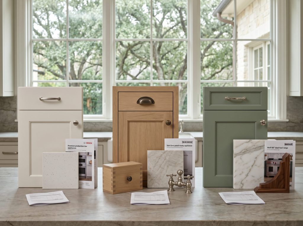 Memorial Houston kitchen remodel cost tier comparison featuring mid-tier Shaker cabinet samples premium rift-sawn white oak inset cabinetry and ultra-luxury Wood-Mode painted Mountain Sage cabinet samples