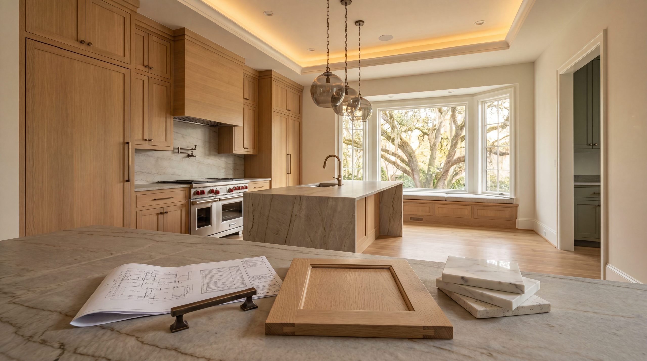 Kitchen remodel cost guide for a Memorial Houston home with leathered quartzite countertops and rift-sawn white oak custom cabinetry