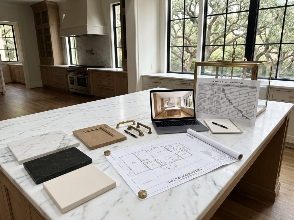 Kitchen design phase with countertop samples, floor plan, and milestone schedule on a Woodlands marble island.