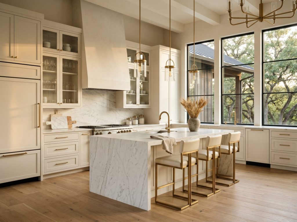 Finished luxury Woodlands kitchen with marble waterfall island, brass fixtures, and live oak views beyond windows.