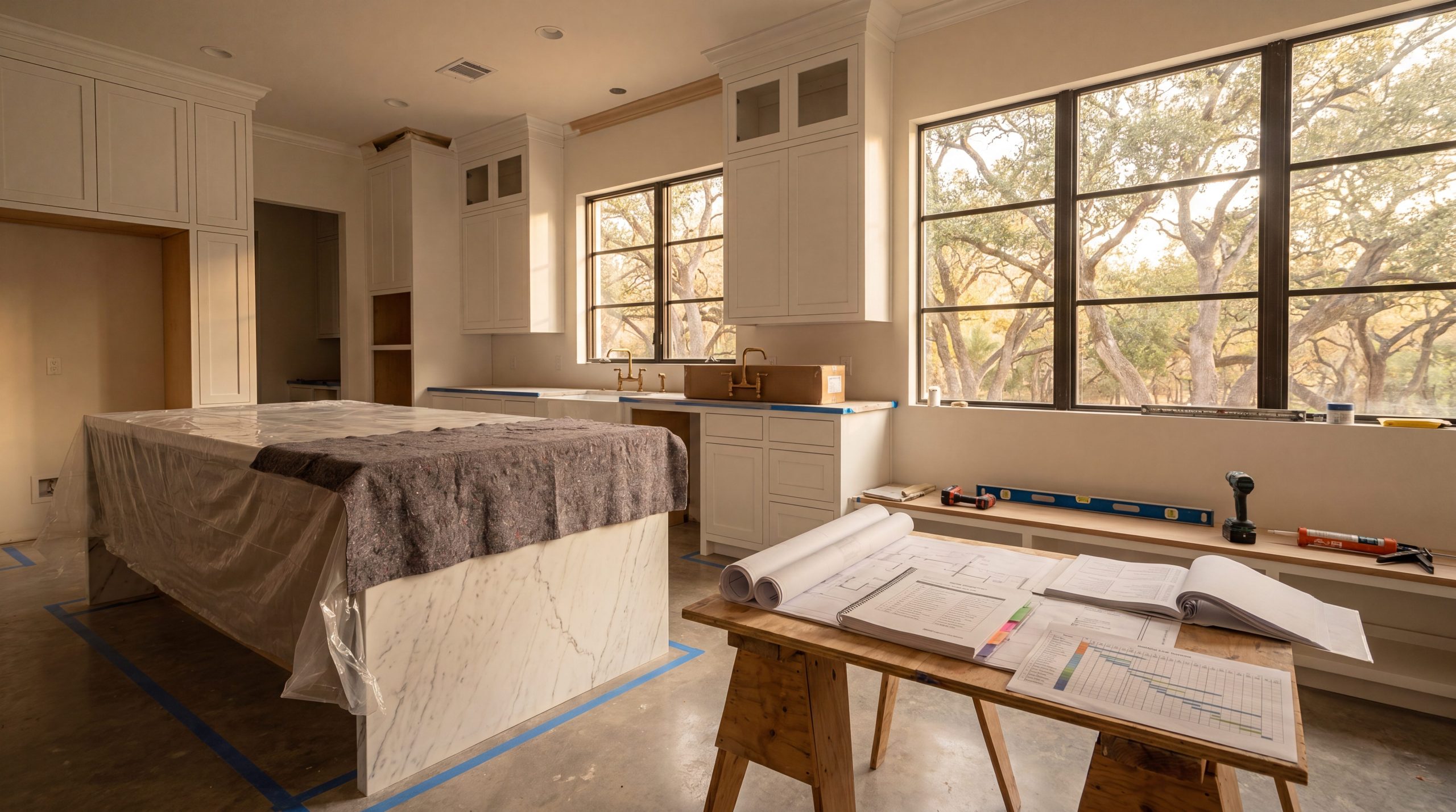 Luxury Woodlands transitional kitchen mid-remodel with milestone schedule and architectural drawings on island.