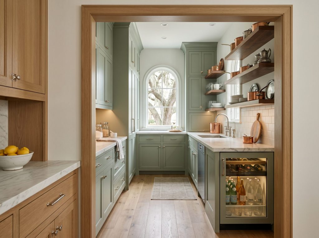 Luxury butler's pantry and scullery in a Memorial Houston home with Mountain Sage painted custom inset cabinetry honed Calacatta marble counter integrated Miele dishwasher and Sub-Zero beverage center