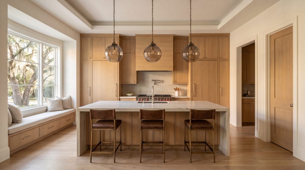 Luxury kitchen design in a Memorial Houston home with rift-sawn white oak cabinetry leathered quartzite waterfall island Sub-Zero Wolf integrated appliances and mature live oak views