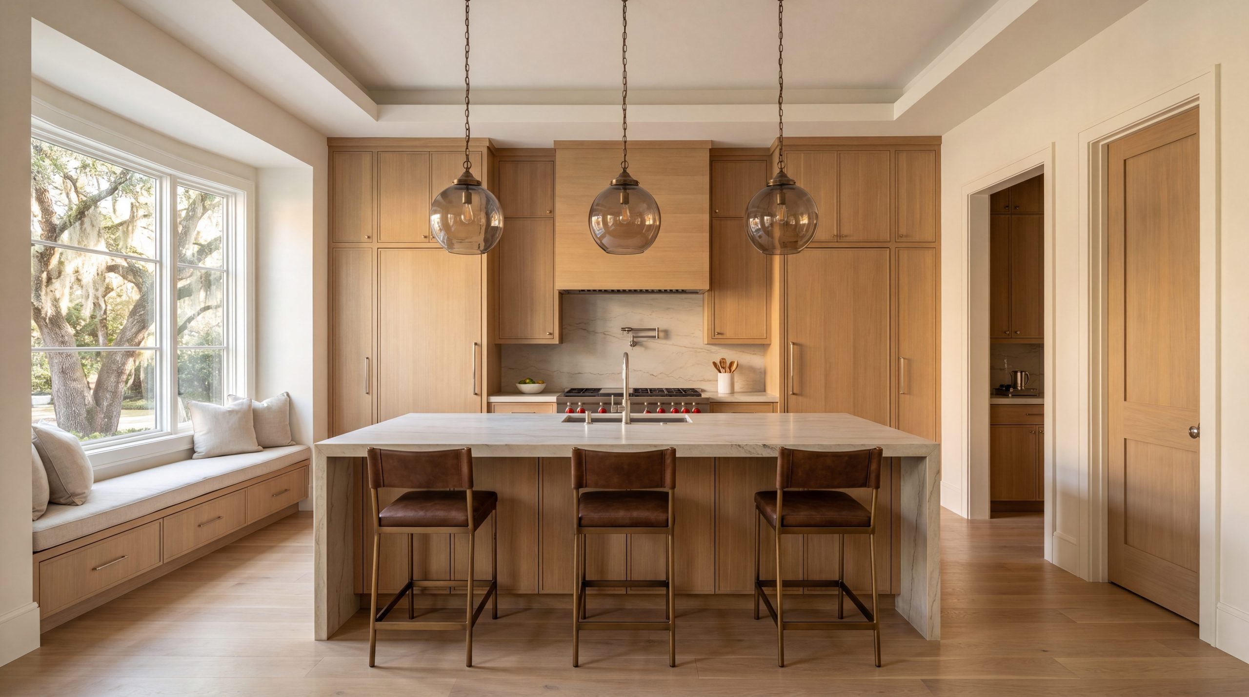 Luxury kitchen design in a Memorial Houston home with rift-sawn white oak cabinetry and a leathered quartzite waterfall island
