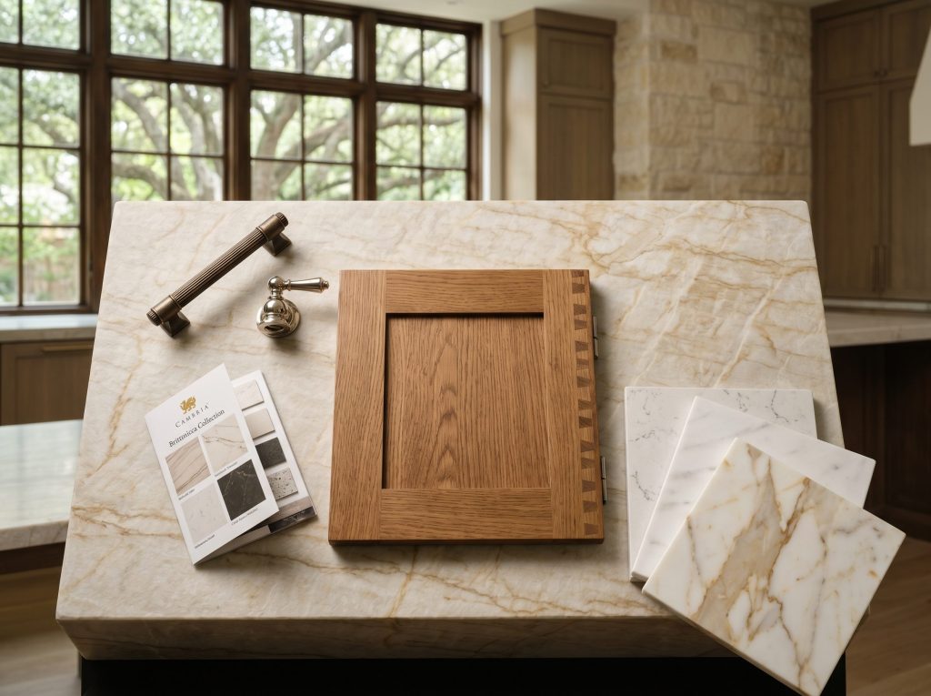 Luxury kitchen design materials selection for a Memorial Houston home featuring leathered quartzite slab samples rift-sawn white oak cabinet door honed Calacatta marble and Cambria quartz brochure