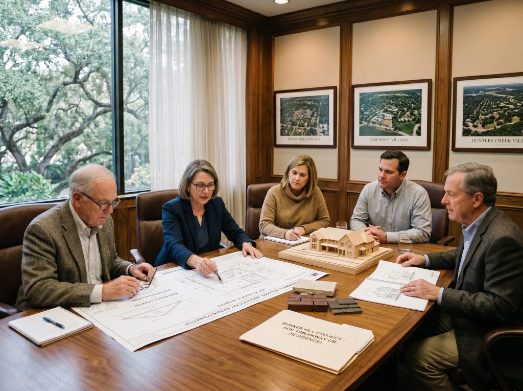 Memorial Villages architectural review committee meeting in session at a Hunters Creek Village city hall conference table reviewing custom home elevation drawings, site plan, and Austin limestone material samples