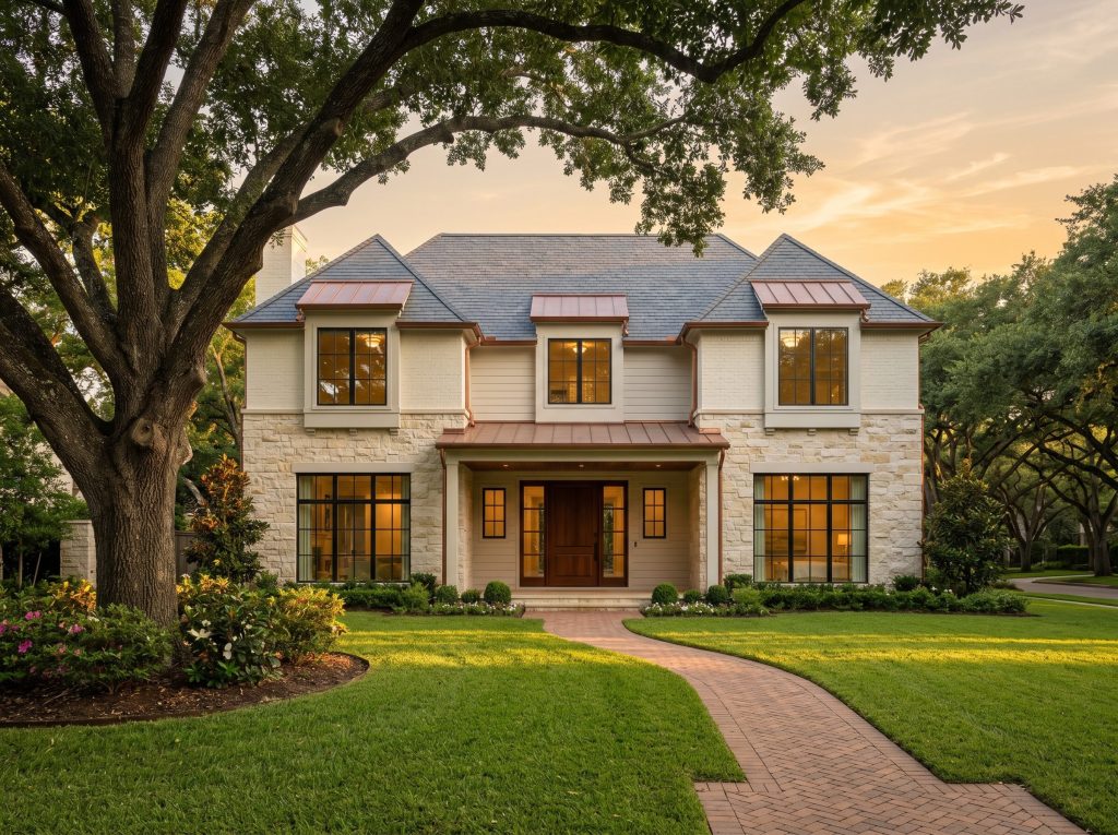 Completed luxury transitional contemporary custom home approved through Memorial Villages architectural review committee with Austin limestone facade slate roof copper standing seam dormers and mature live oak canopy on a deep setback lot at golden hour