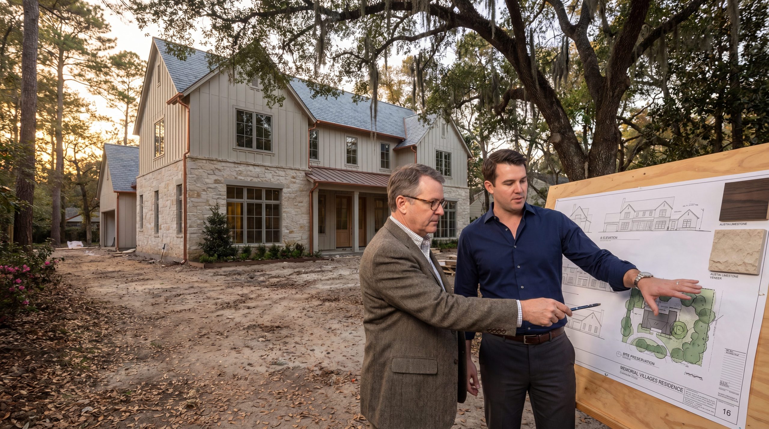 Memorial Villages architectural review committee site walkthrough with a custom home builder reviewing transitional design plans