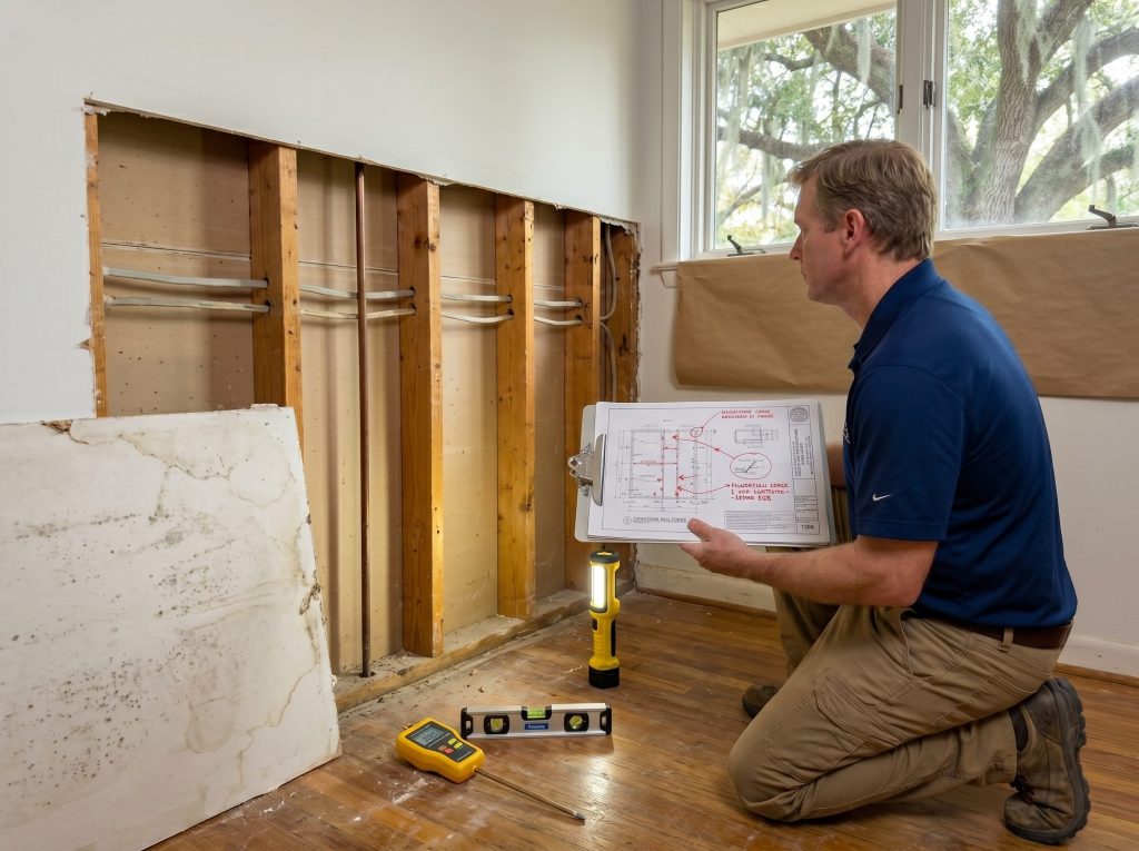 Builder reviewing stamped structural engineer drawings during a Memorial Villages 1960s ranch structural assessment with sheetrock removed exposing original framing and cloth-sheathed electrical