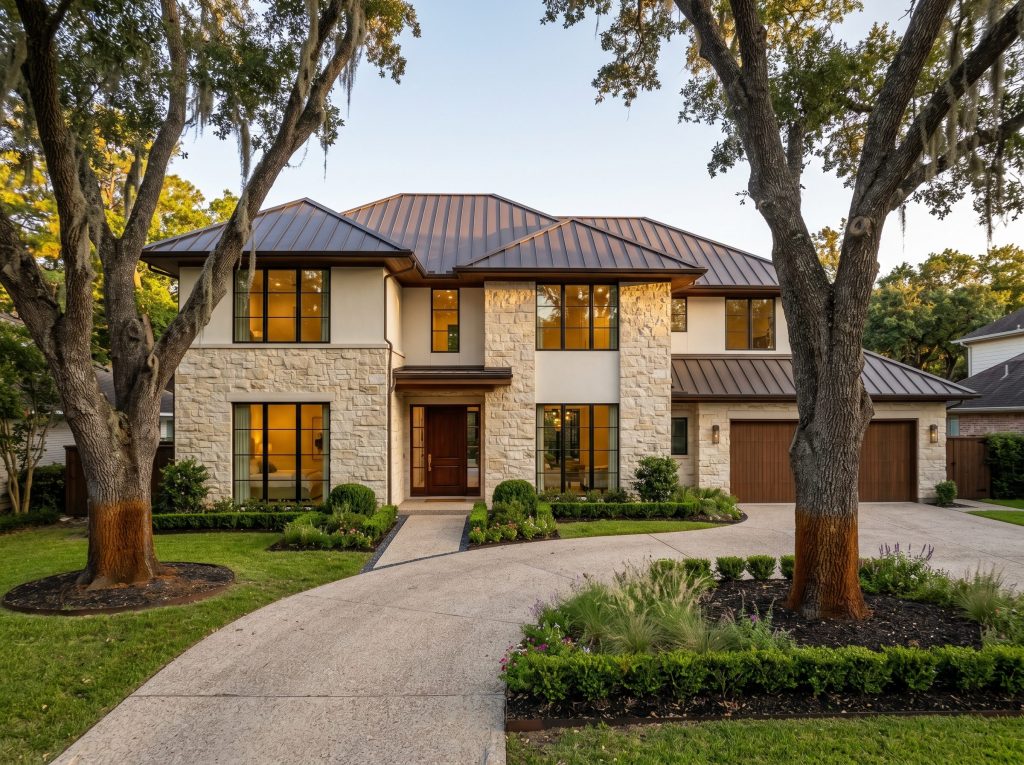 Completed transitional contemporary Memorial Villages custom home in Austin limestone with steeply pitched standing-seam metal roof and preserved mature live oaks after a teardown-and-rebuild