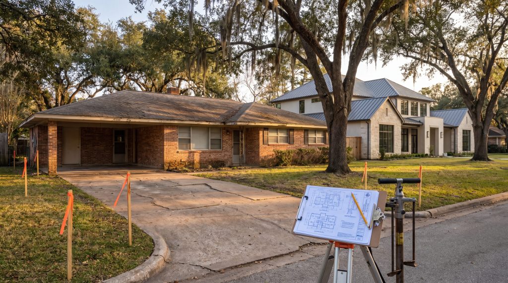 Memorial Villages Houston lot at teardown-or-renovate decision moment with 1960s ranch home, survey stakes, mature live oaks, and a completed new transitional contemporary custom home next door