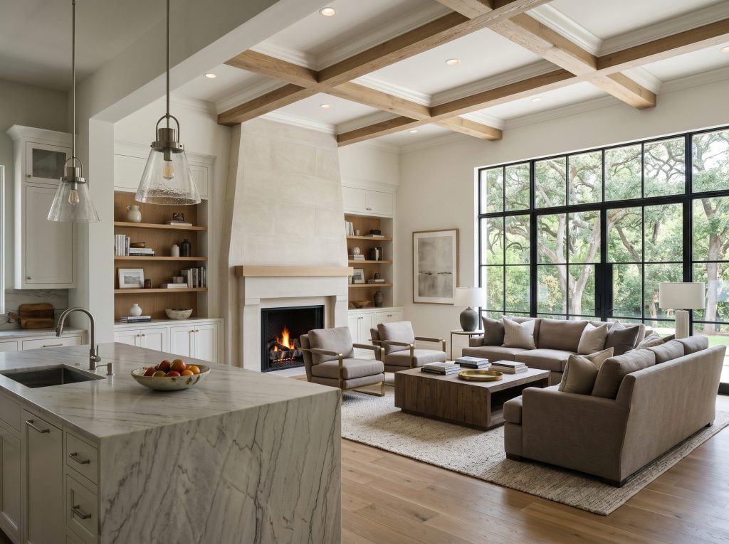Transitional great room interior with coffered ceiling, white-oak beams, limestone fireplace, and steel-framed window wall in The Woodlands.