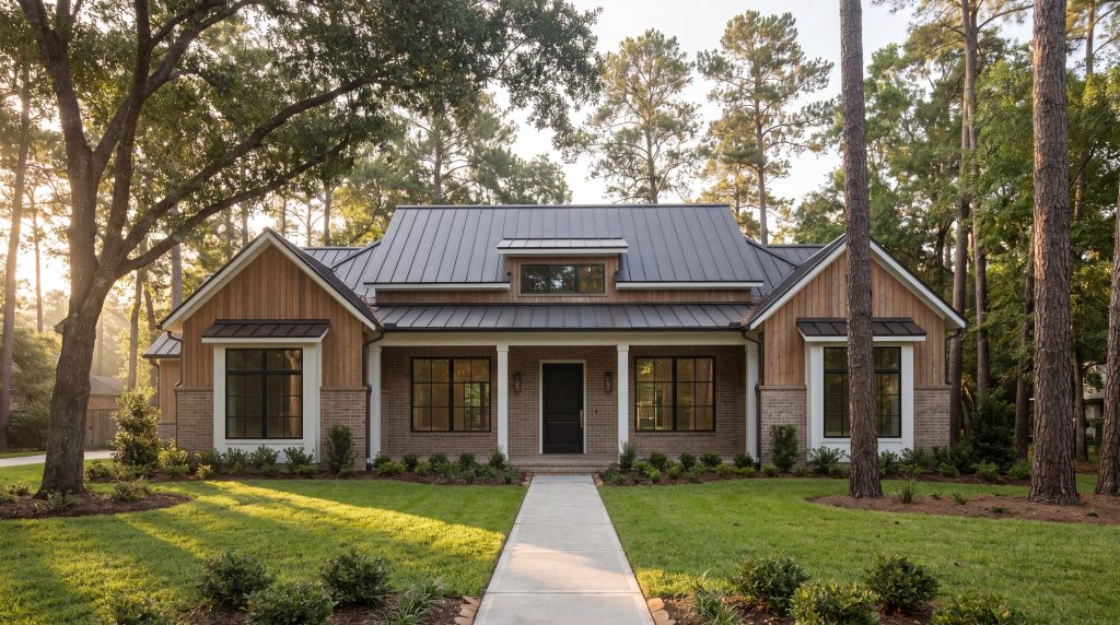 Transitional architecture custom home in The Woodlands TX with cedar plank siding and standing-seam metal roof by Keechi Creek Builders.
