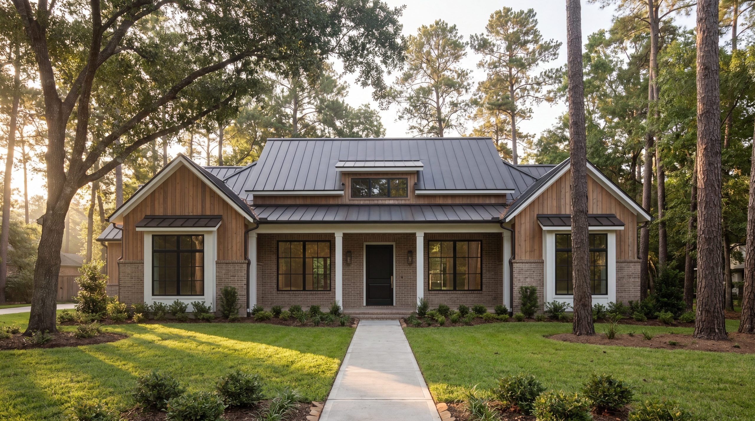 Transitional architecture custom home in The Woodlands TX with cedar plank siding and standing-seam metal roof by Keechi Creek Builders.