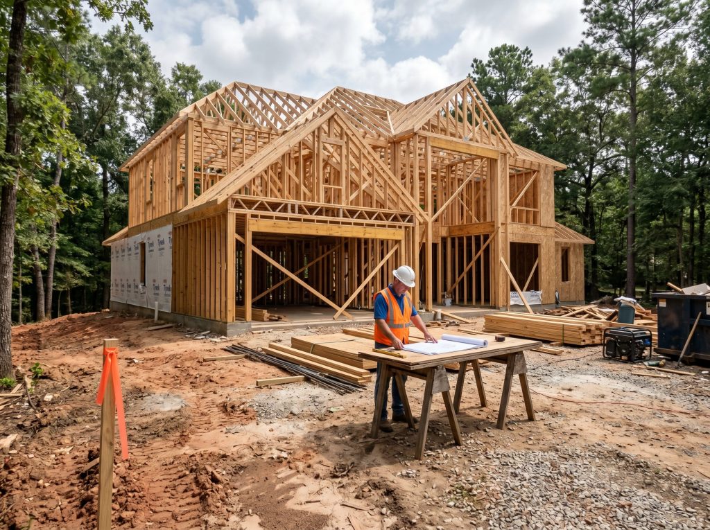 Custom home framing phase on a wooded acreage lot in Tomball Texas with builder reviewing plans