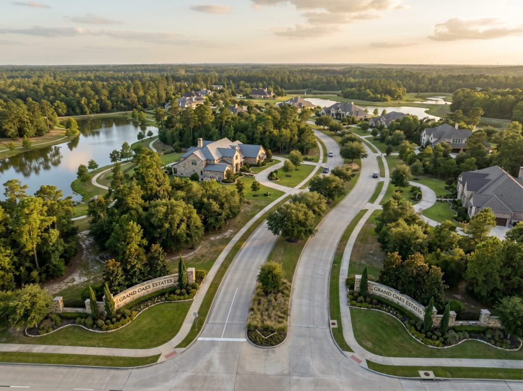 Aerial view of a Tomball TX master-planned community with custom homes and retention lake
