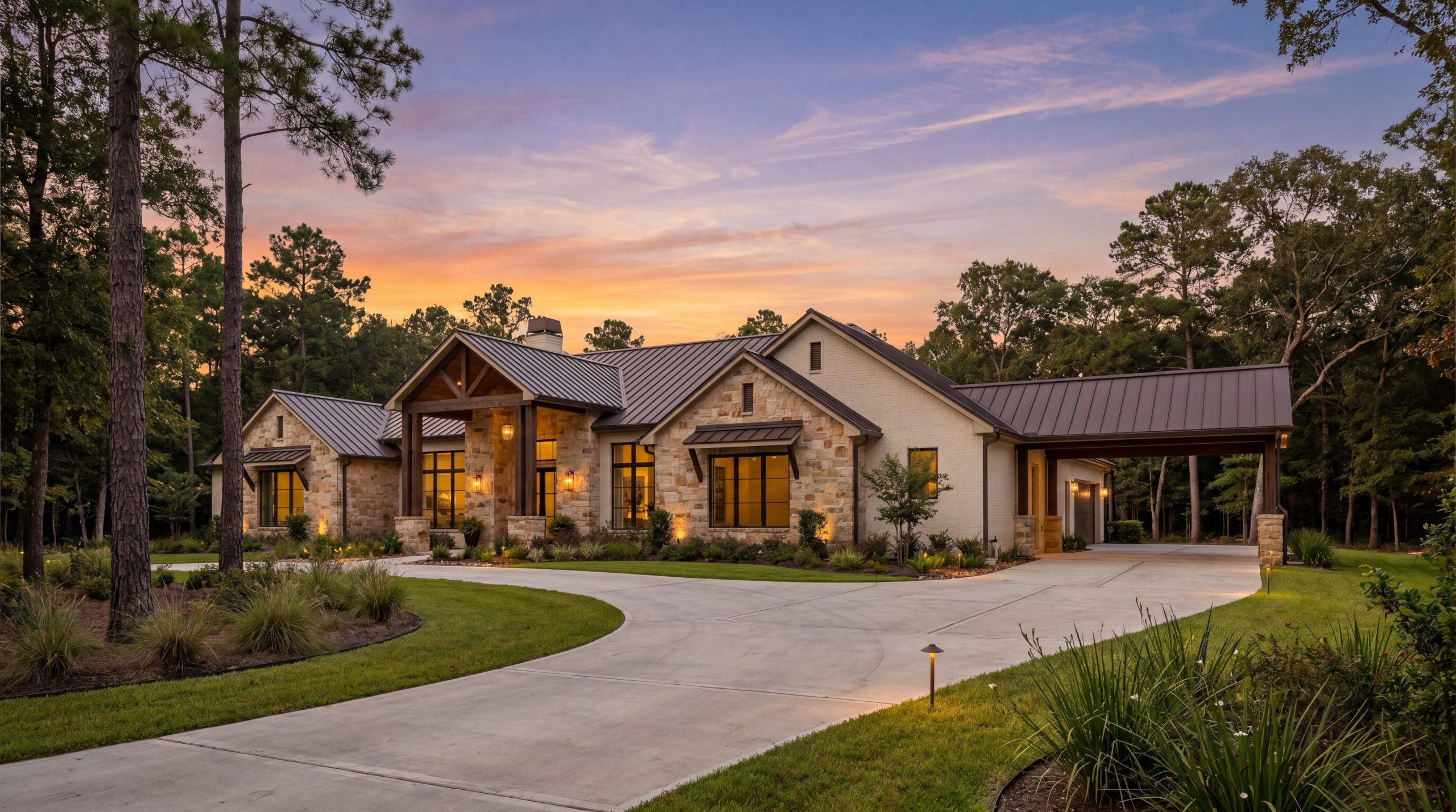 Custom estate home on a wooded lot in a Tomball TX community built by Keechi Creek Builders at golden hour