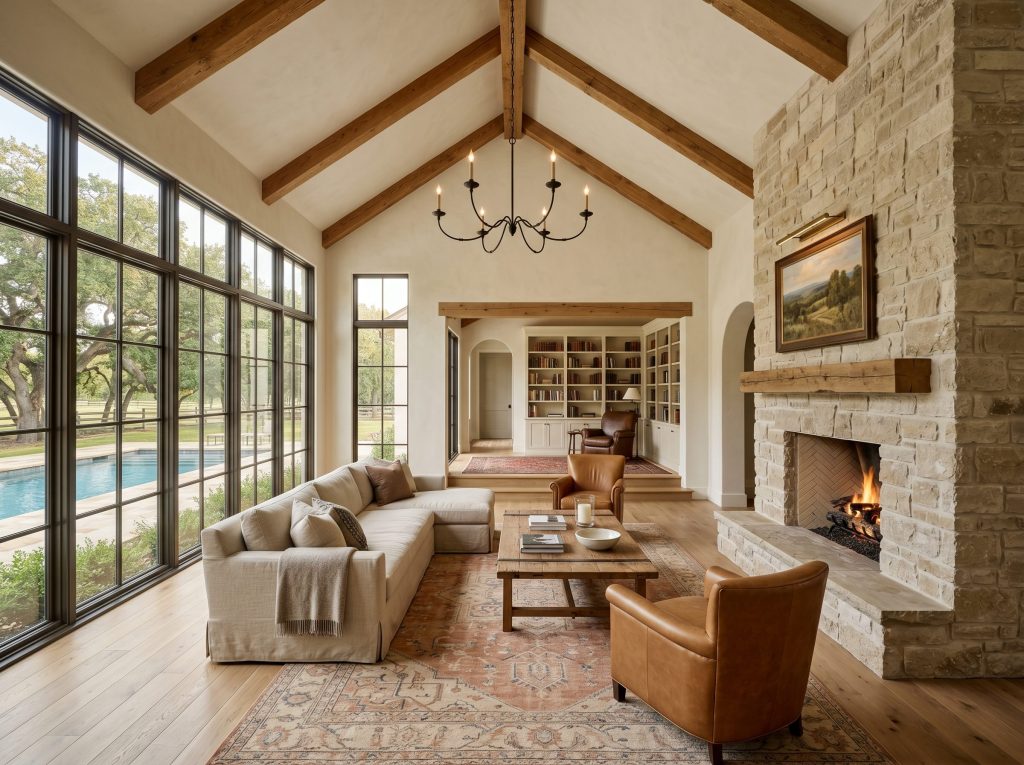 Vaulted great room with limestone fireplace inside a Willowcreek Ranch Tomball custom home