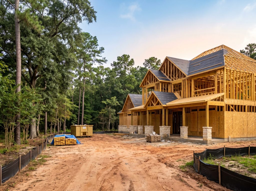 Custom home framing under construction on a 2-acre wooded lot in Willowcreek Ranch Tomball