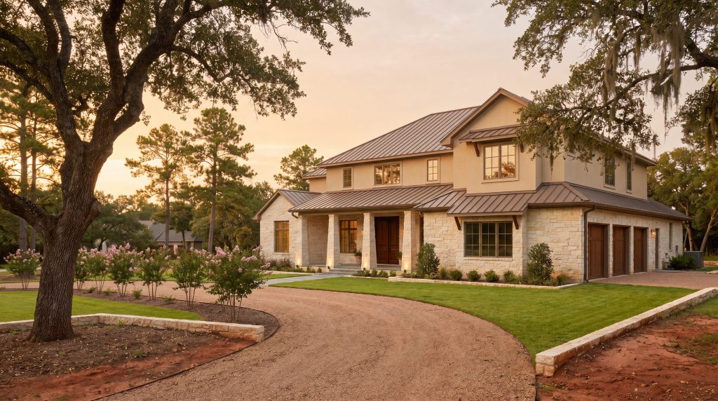 Luxury Texas custom estate home exterior in Willowcreek Ranch Tomball at Houston golden hour