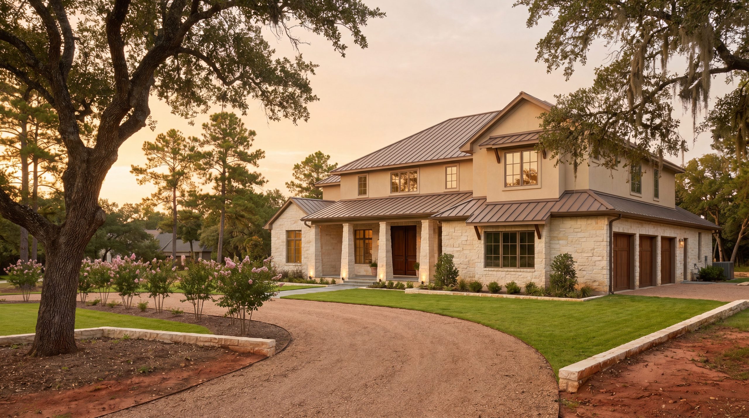 Luxury Texas custom estate home exterior in Willowcreek Ranch Tomball at Houston golden hour